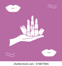 Vector illustration with hand holding out a various tubes of  lipstick. Glamour fashion vogue style. 