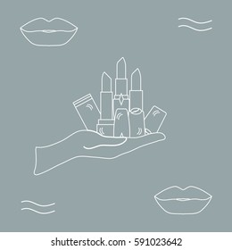 Vector illustration with hand holding out a various tubes of  lipstick. Glamour fashion vogue style. 