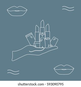 Vector illustration with hand holding out a various tubes of  lipstick. Glamour fashion vogue style. 