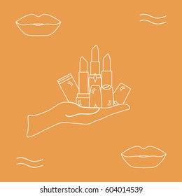 Vector illustration with hand holding out a various tubes of  lipstick. Glamour fashion vogue style. 