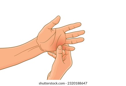 Vector illustration of hand holding painful the base of little finger,symptom of ulnar tunnel syndrome,arthritis,rheumatoid,neurological disease,symptomatic office syndrome,isolated on white.