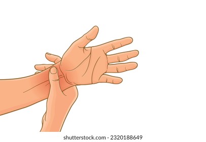 Vector illustration of hand holding painful wrist,carpal tunnel syndrome,arthritis,rheumatoid,neurological disease,numbness,symptomatic office syndrome,isolated on white.Health,bone problems.