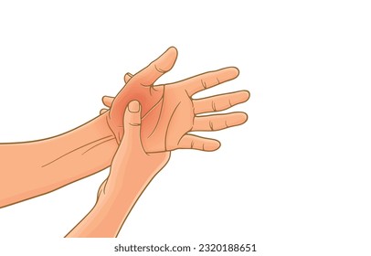 Ilustración vectorial de la mano dolor en la base del pulgar, entumecimiento de la mano, problemas articulares, artritis, reumatoide, enfermedad neurológica, síndrome de ofimática sintomática, aislado en problemas blancos.Óseos.