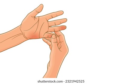 Vector illustration of hand holding painful tip of pinky finger,ring finger,lower palm,peripheral neuropathy,raynaud’s disease,ulnar tunnel syndrome,office syndrome,isolated on white.Good hand health. svg