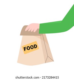 Vector illustration with hand holding paper package with food lettering. Concept for food delivery.