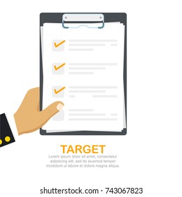 Vector illustration of hand holding paper. Planning and target concept