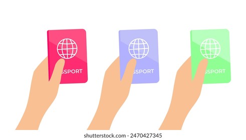 Vector illustration of a hand holding a passport, identity card. A set of hand holds a passport of different colors. Vector flat illustration for website and banner design