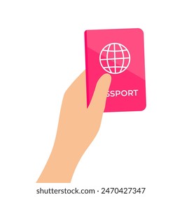 Vector illustration of a hand holding a passport, identity card. Vector flat illustration for website and banner design