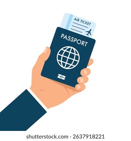 Vector illustration of a hand holding a passport with an air ticket.