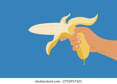Vector Illustration of a Hand Holding a Peeled Banana Gun on a Blue Background