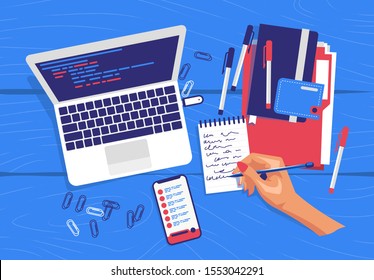 vector illustration of hand holding pen, business planning stage, top view, stationery, notebook, paper clips, mobile phone with notes, diary with Notepad