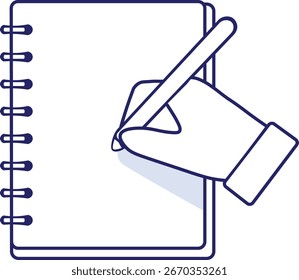 Ilustración vectorial de una mano sosteniendo un bolígrafo y escribiendo en un cuaderno en espiral en un estilo de contorno azul limpio. Ideal para educación, trabajo de oficina, planificación y conceptos de productividad.