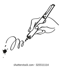 Vector illustration of a hand holding pen in writing position, outline sketch.