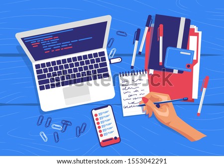 vector illustration of hand holding pen, business planning stage, top view, stationery, notebook, paper clips, mobile phone with notes, diary with Notepad