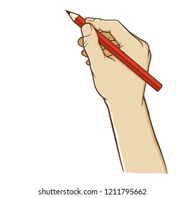 Vector Illustration Of A Hand Holding Pencil Vertically Ready To Write, Isolated On White Background