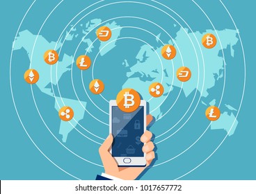 Vector illustration of hand holding phone exchanging currency all over world with application. 