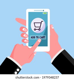 A vector, illustration hand holding phone ' on the screen show shopping cart and the other hand pointing to " add to cart " text, shopping online concept