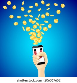 Vector illustration of hand holding a phone with U magnet icon attracting large number of gold coins.