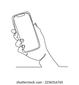 Vector illustration of a hand holding a phone drawn in line art style