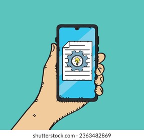 Vector illustration of a hand holding a phone. The document is displayed on the phone screen along with a light bulb and gear icon. Hand drawn illustration.