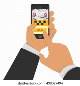 Vector illustration of hand holding phone with taxi hire service app running, flat design. Mobile phone in hand with the app for an order of a taxi service concept. Taxi service application running.