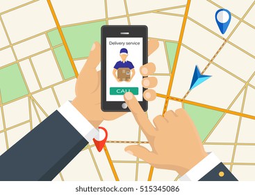 Vector illustration. Hand holding a phone, calling in service delivery. Concept of free, fast delivery, shipping.