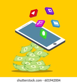Vector illustration of hand holding a phone with application icon attracting large number of dollar