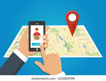  Ilustración vectorial. Mano sosteniendo un teléfono, llamando en la entrega del servicio. Concepto de entrega rápida y gratuita, envío.