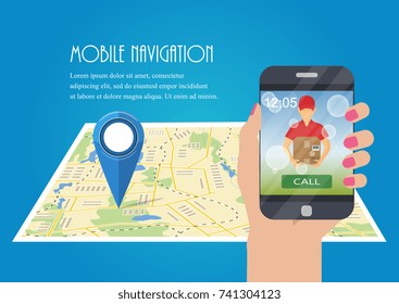 Vector illustration. Hand holding a phone, calling in service delivery. Concept of free, fast delivery, shipping.