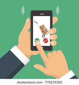 Vector illustration. Hand holding a phone, calling in service delivery. Concept of free, fast delivery, shipping.