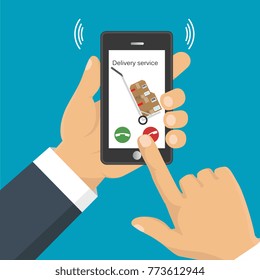 Vector illustration. Hand holding a phone, calling in service delivery. Concept of free, fast delivery, shipping.
