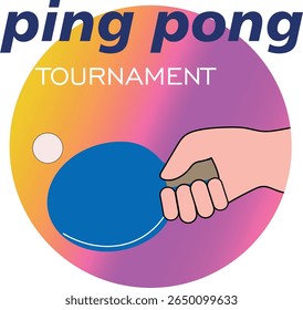 Ilustração vetorial de mão segurando a raquete de pingue-pongue, fundo redondo brilhante. Design de pôster para decoração de torneio de tênis de mesa, decoração de loja de acessórios esportivos, treinamento de esportes de raquete