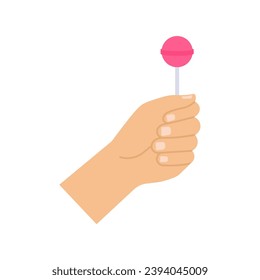 Vector illustration of hand holding a pink lollipop in flat style.