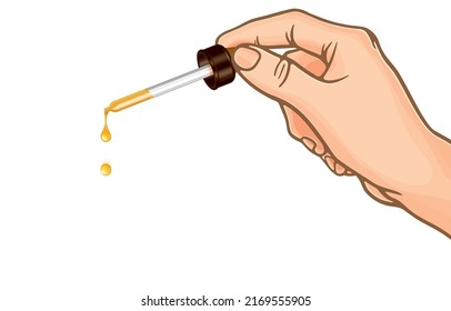 Vector illustration of hand holding pipette dripping yellow essential oil in the air,eyedropper,glass dropper with fluid,cosmetic oil,hemp oil,cbd oil,isolated on white,dropper and medical equipment.