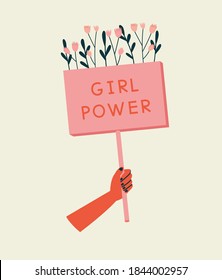Vector illustration of a hand holding a placard with inscription "girl power" on a beige background. The struggle for rights and equality. Hand-drawn illustration in flat design for print and web.