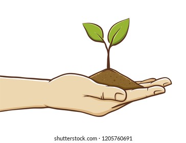 Vector illustration of hand holding plant and soil, isolated on white background