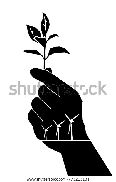 植物の低木を持つ手のベクターイラストで そのコンセプトの手のひらに現代の風車のシルエットが描かれています 持続可能なエネルギー 工場の収穫 のベクター画像素材 ロイヤリティフリー