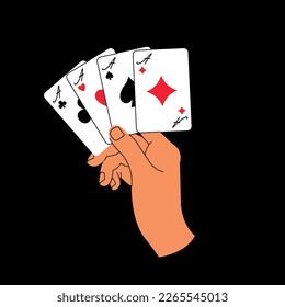 Vector illustration hand holding playing cards. Doodle concept for casino