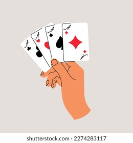 Vector illustration hand holding playing cards. Doodle concept for casino