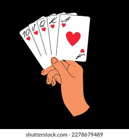 Vector illustration hand holding playing cards. Doodle concept for casino