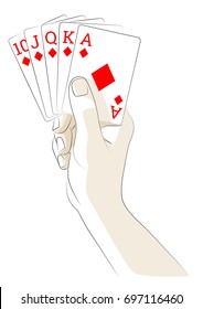 Vector illustration of hand holding playing cards. Royal Flush of Diamonds.