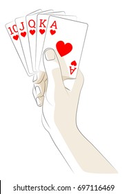 Vector Illustration Of Hand Holding Playing Cards. Royal Flush Of Hearts.