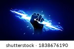 Vector Illustration Hand Holding Powerful Electric Lightning.