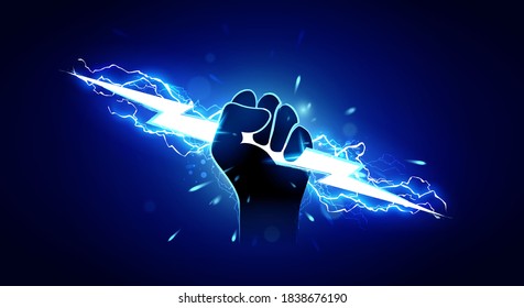 Vector Illustration Hand Holding Powerful Electric Lightning.