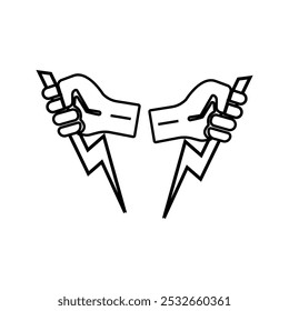 Vector Illustration Hand Holding Powerful Electric Lightning.on white background color editable