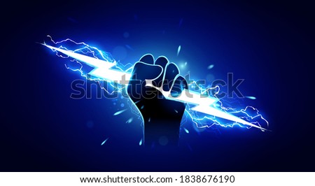 Vector Illustration Hand Holding Powerful Electric Lightning. Foto d'archivio © 