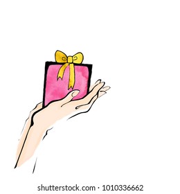 Vector illustration hand holding present gift watercolour. Good for postcard, web
