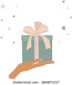 Vector illustration hand holding present gift . Good for postcard, web