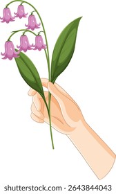Vector illustration of a hand holding purple bell-shaped flowers with green leaves, featuring clean lines and vibrant colors