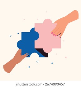 Vektorgrafik des Handpuzzles. Teile verbinden, Team arbeiten zusammen Konzept.